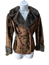 Vintage 1960s Crushed Velvet Coat Faux Fur Doubled Breasted Rhinestone Button
