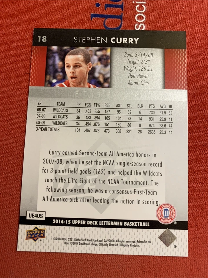 2014-15 Upper Deck Lettermen Basketball #18 Stephen Curry Davidson Centered Nice - Image 4 of 4