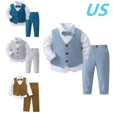 Toddler Boys 4Pcs Formal Suit Vest Shirt with Long Pants and Bowtie Outfit