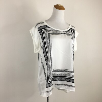 Love MANGO White Black Print Cuffed Sleeve Relaxed Fit Shirt Top Womens sz XS
