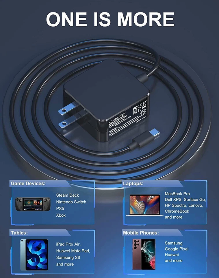 45W USB-C Charger FOR Switch Sony Game Controller Apple MacBook Lenovo Laptop - Image 2 of 4