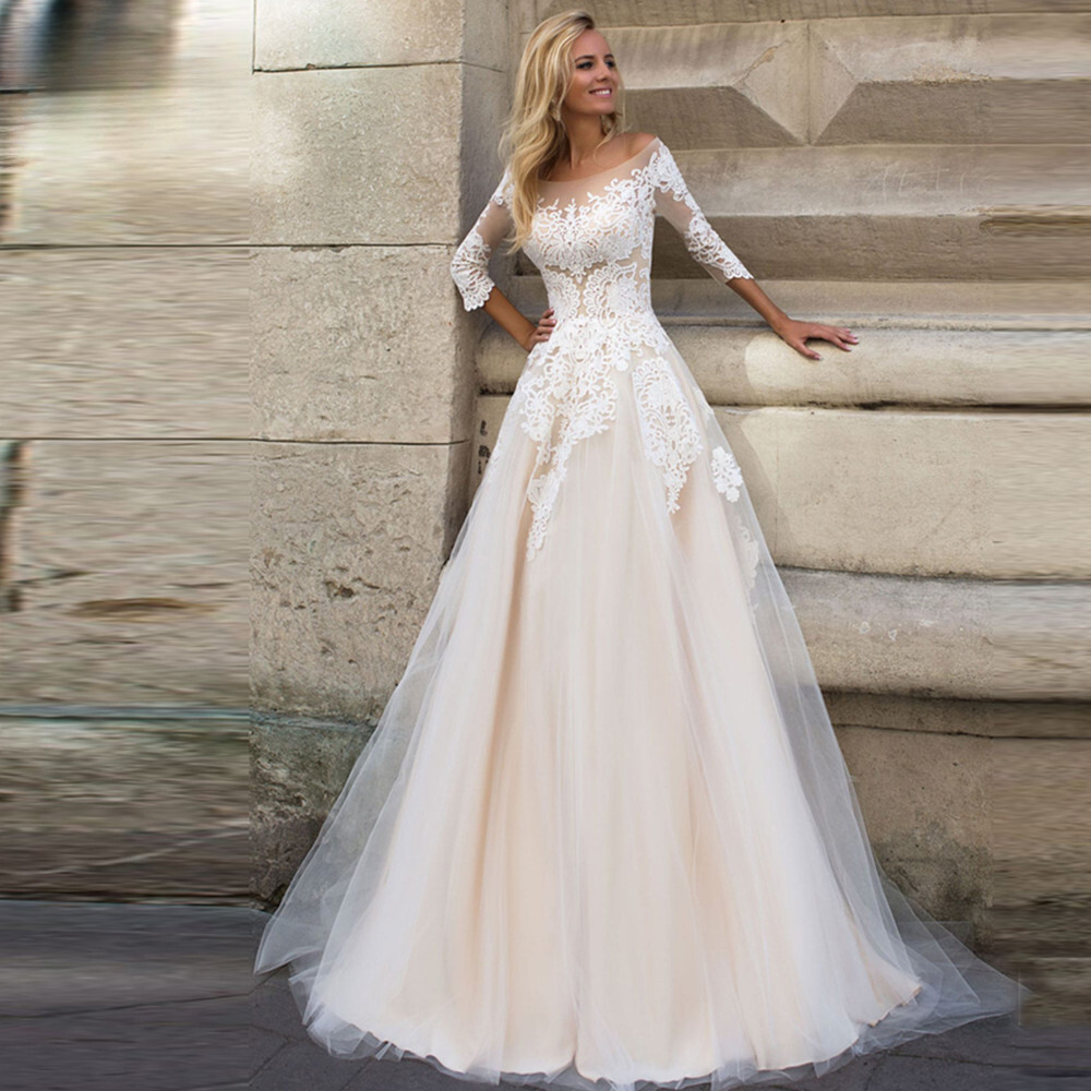Luxury A-Line Wedding Dresses Scoop Neck Long Sleeved Lace Applique Bridal  Gowns | eBay