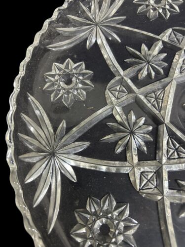 Prescut Cut Glass Cake Plate Antique Star Fan Vintage Round Tray Sawtooth Rim - Picture 2 of 5
