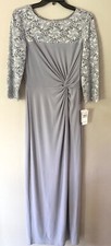 ALEX EVENINGS SILVER FROST SEQUINS LACE FLOOR LENGTH DRESS SIZE 8 NWT 179