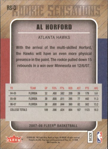 2007-08 Fleer Rookie Sensations #RS3 Al Horford - NM-MT - Picture 2 of 2