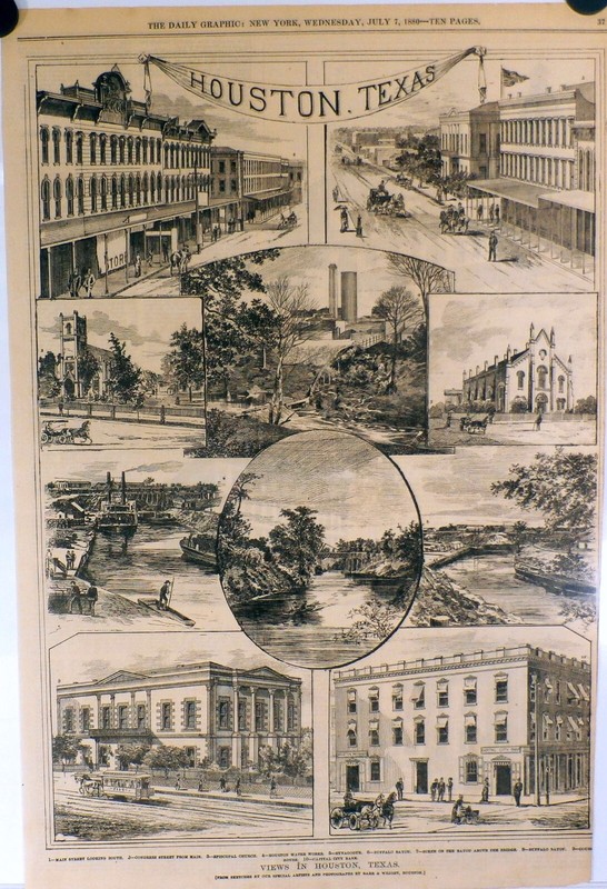 Views in Houston, Texas - Buffalo Bayou - Street Views - 1880 Historical Print