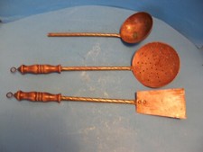 VINTAGE  COPPER BBQ GRILL UTENSIL TOOL SET OF 3  WOODEN HANDLE    