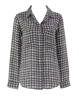 Lumiere Top Sz S Black Charcoal White Blue Plaid Button Front