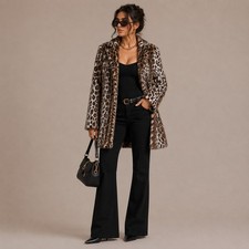 Chicos Leopard Print Faux Fur Full Zip Jacket Animal Print Collarless Maximal S