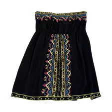 Joy Joy Black Sundress Strapless Smocked Embroidered Boho Geometric S