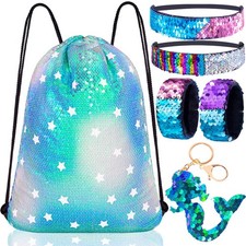 Mermaid Reversible Sequin Drawstring Backpack/Bag Clear Iridescent Sequin St...