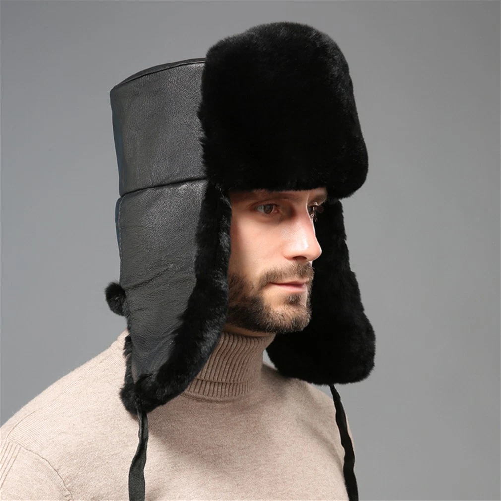 100% Real Rabbit Fur Hat Thicken Winter Warm Ushanka Cap for Fashion Men