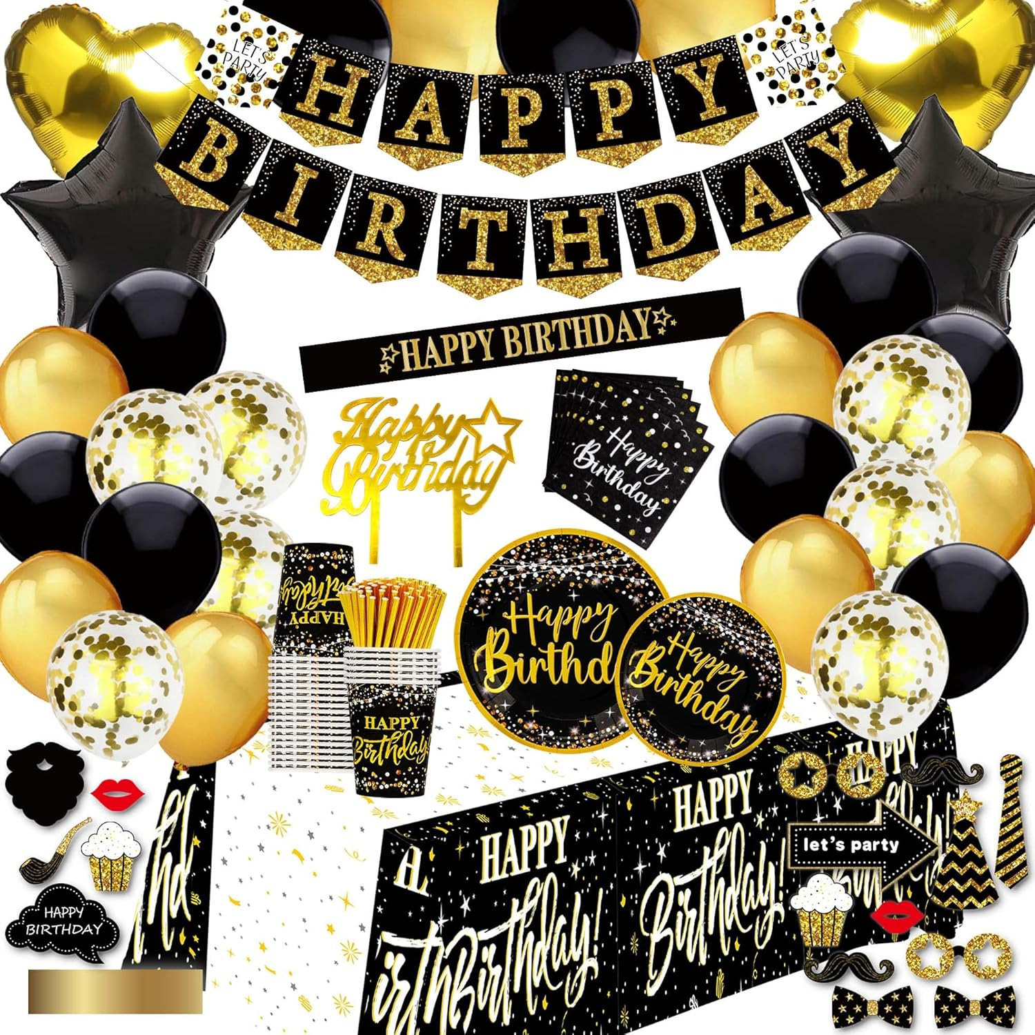 Black and Gold Birthday Party Decorations Kit - 169Pcs Happy Birthday Supplies