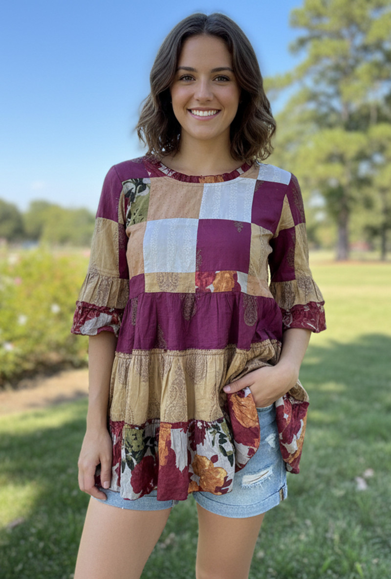 Indigo Thread Co Patchwork Ruffled Sleeve Tiered … - image 1