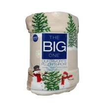 The Big One Oversized Holiday Plush Throw Blanket 5'x6' Yuletide Snowmen Tan