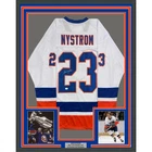 Framed Autographed/Signed Bob Nystrom 35x39 New York White Hockey Jersey JSA COA
