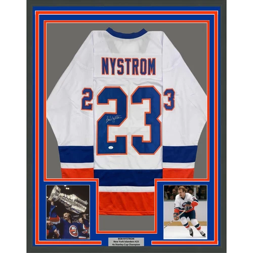 Framed Autographed/Signed Bob Nystrom 35x39 New York White Hockey Jersey JSA COA