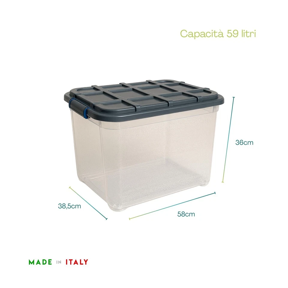 2x, 4x, 8x Contenitore In Plastica Trasparente 59 L Con Coperchio Multiuso 112F - Immagine 2 di 4