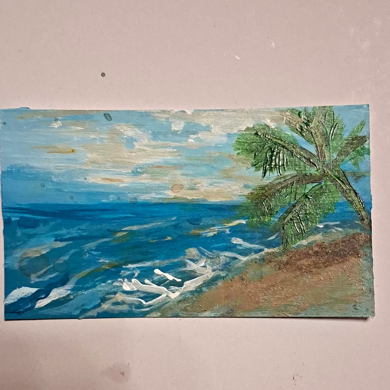 ACRO 002bbs Seascape Ocean Beach w/ Palm Tree & Sky Impressionist Paper Painting
