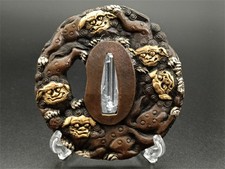 Tsuba Samurai Espada Guardia Caja Toban León y Ban Diagrama Cobre Dorado Funciona Foo