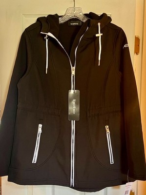 Women's Bebe Black Hooded Soft-Shell Jacket With White Contrast Detailing Size L