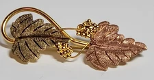 3.8g Black Hills J Co. 12Kt & 10Kt Tri-Color Gold Grape Leaf Pin Brooch 1 7/8”