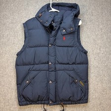 Polo Ralph Lauren Duck Down Puffer Vest Mens S Navy Blue Hooded Snap Front