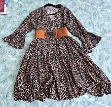 Leopard Print Tiered V-Neck Mini Dress Wide Cinch Belt Set S