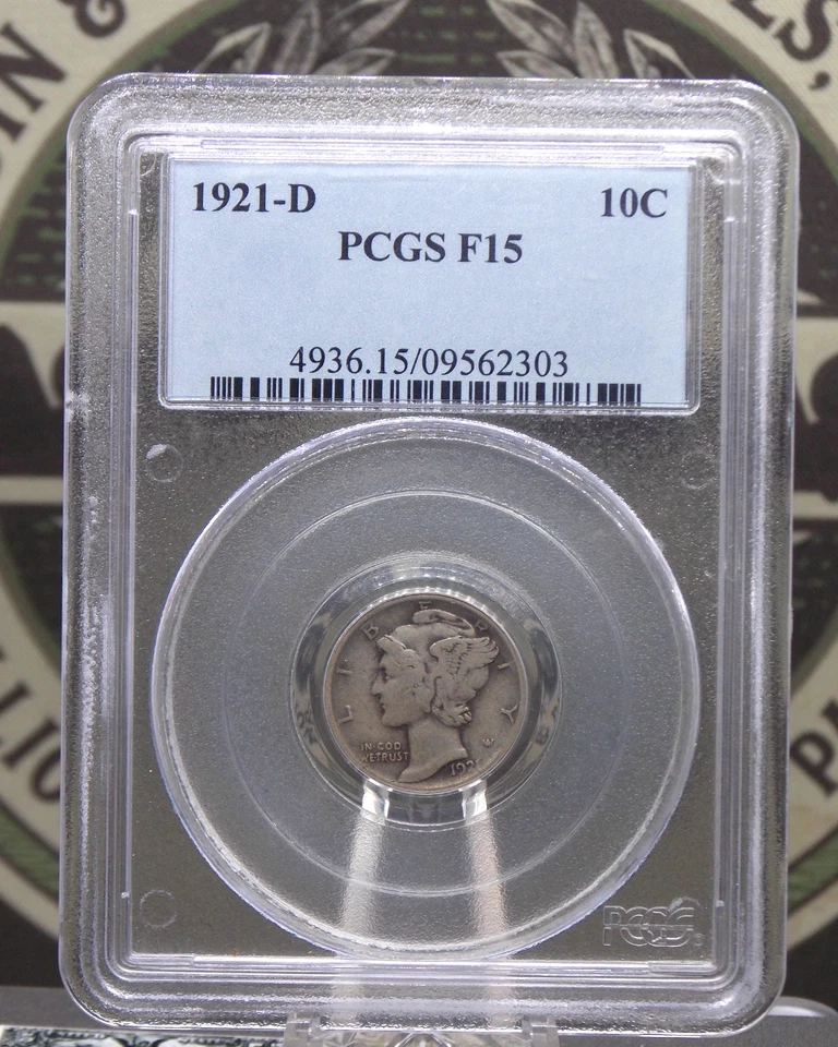 1921 "D" Mercury SILVER Dime 10c PCGS F15 #303 Fine Better Date ECC&C, Inc. - Image 3 of 4