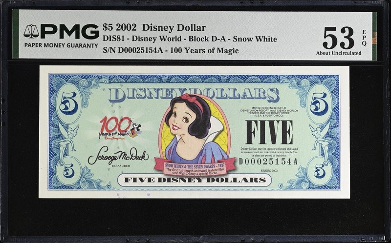 RARE 2002 D $5 Disney Dollar Snow White PMG 53EPQ DIS81 WDW D00025154A POPULAR