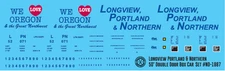 HO Scale - Longview Portland & Northern 50' Double Door Box Car Decals