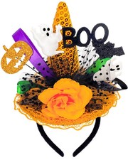 Halloween Hat Headband Witch Fascinator Orange Rose Flower with BOO Ghost Bat...