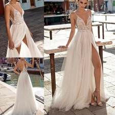 A-Line Wedding Dresses Side Split Spaghetti Pearls Backless Bohemian Bridal Gown