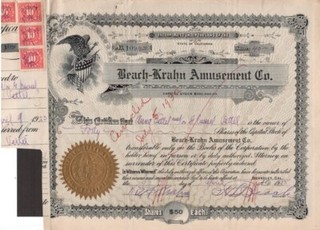 Beach Krahn Amusement Co. Original Stock Certificate 1923 #109