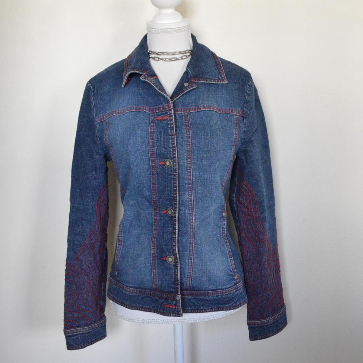 ジャケット・アウター 00s y2k vintage denim coat Vintage 00s y2k 2000 dark blue denim jacket red contrast