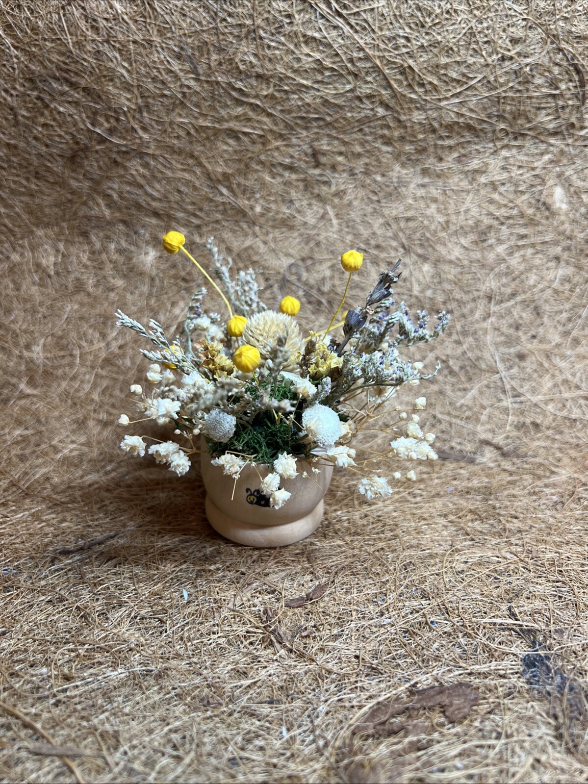 Dried Flowers In Little Wooden Pot. Bee Pot. Christmas Birthday Gift. For Anyone-image