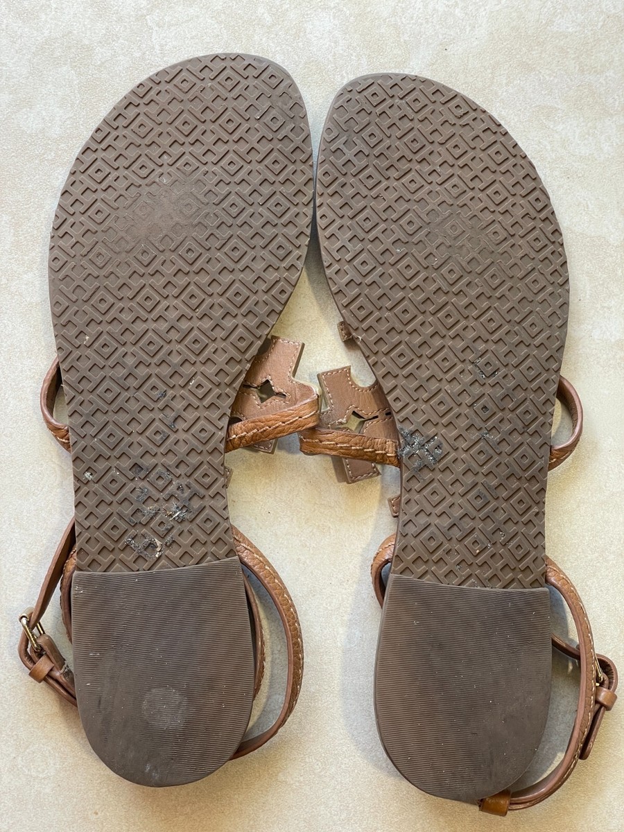 Tory Burch Sandals Womens 9 Shoes Brown Gold Big Logo