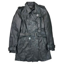Vintage Real; Leather Trench Coat Jacket Long Retro Y2k Black Womens Uk12