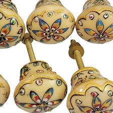 Lot of 10 Hand Painted Floral Yellow Tone Round Knob Drawer Pulls w/Hardware