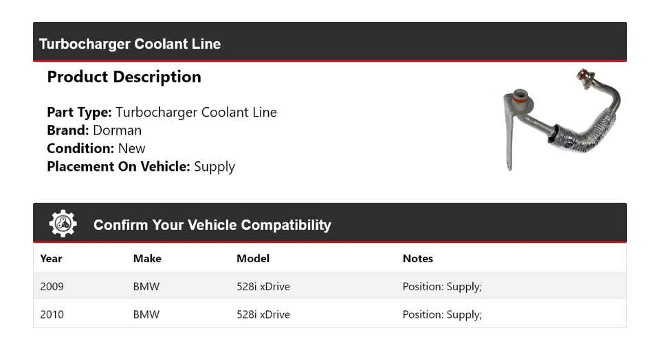 Suministro de línea de refrigerante turbocompresor Dorman para BMW 528i xDrive 2009-2010 Foto 2 de 4