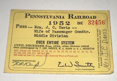 Pennsylvania Railroad Ticket Pass 1952 Jahreszeit Gesamtes System Reisen