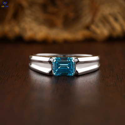 0.99 TCW F.B.Emerald Cut Men's Labgrown Diamond Ring 18K White Gold Labstone