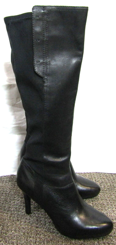 NWOB Tahari Gomma Black Leather & Stretch Fabric Heels Knee High Boots SZ 6.5 M - Picture 3 of 19
