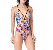 Trina Turk L16618 Multi Color Golden Medallion Plunge One Piece Swimsuit Sz 8