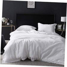 100 Linen Duvet Cover Set with Embroidery Border Washed - 3 Queen White