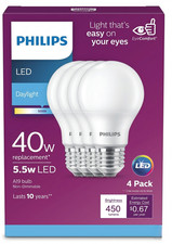 Philips 461160 A19 LED, 40W Equivalent, 5000K Daylight, E26, 4-Pack