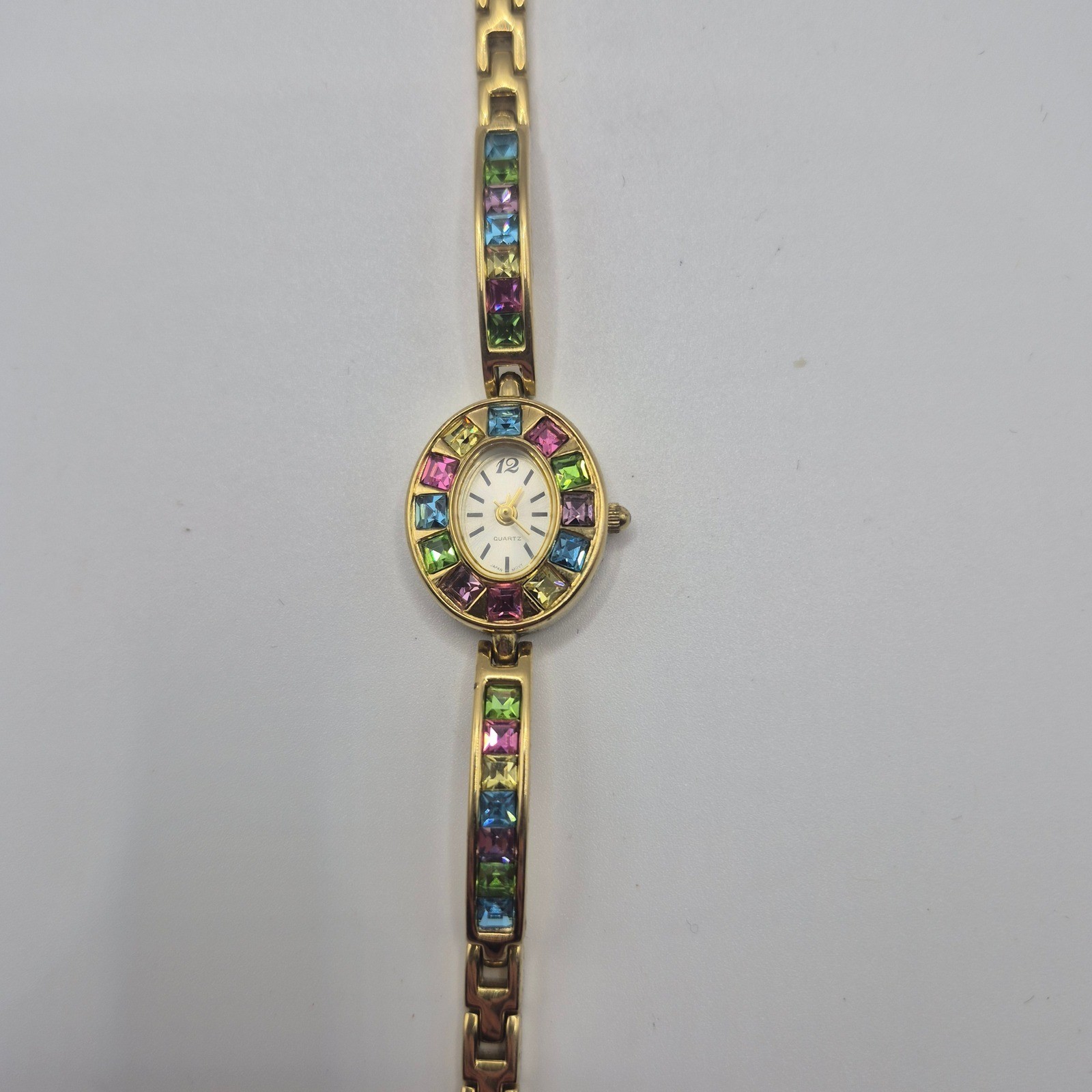 Vintage Gold Tone Colored Rhinestone Bracelet Watch Quartz Japan Needs Battery