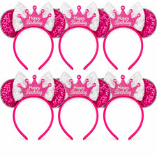 6 Pack Happy Birthday Crown Headbands Pink Sequin Bow Party Costume Accessories