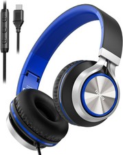 Upgraded USB Type C Wired Headphones, Foldable Over-Ear Headphones with Blue