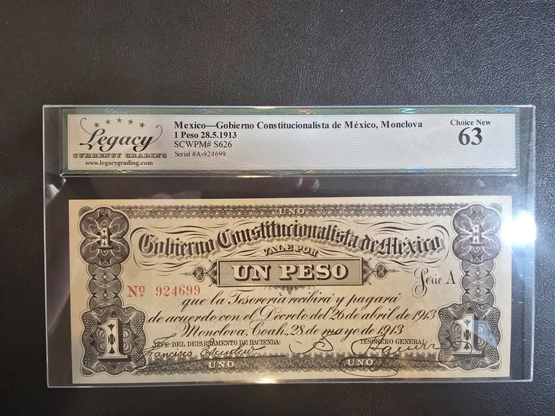 1913 Mexico 1 Peso Gobierno Constitutionalista Monclova Very Choice New UNC